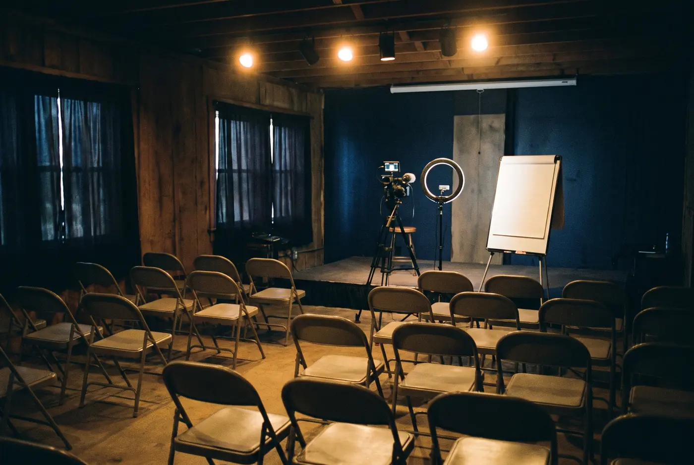 A training room set up with rows of chairs, a camera on a tripod and a flip chart