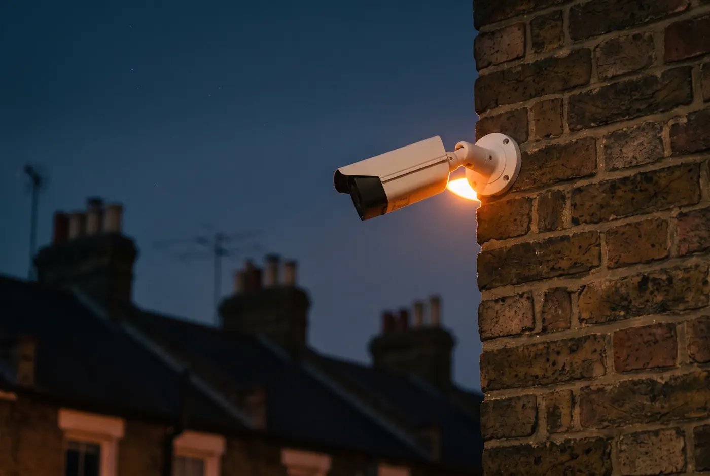 A security camera on a brick wall above terraced rooftops at dusk